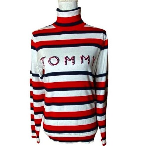 Tommy Hilfiger Iconic White Striped Patriotic Classic Turtleneck Sweater Wms Sz - Picture 1 of 6